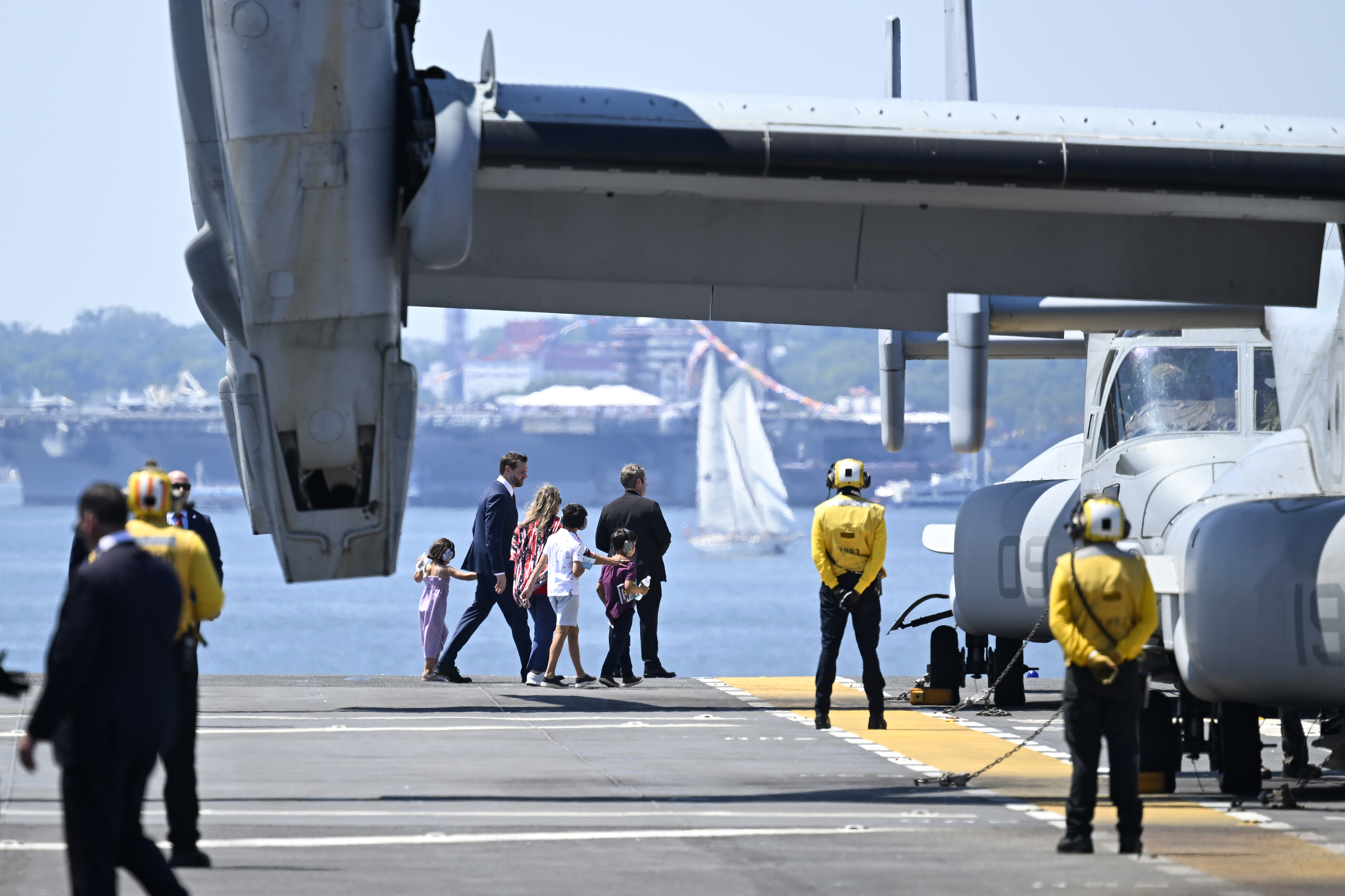 Charlie Kirk told U.S. Vice President J.D. Vance that public service was a sacrifice worth making. In this photo, he and his children walked to a V-22 Osprey as they departed following an International Naval Review aboard the USS Kearsarge in New York Harbor on July 4, 2026, in New York City, New York. | Source: Getty Images