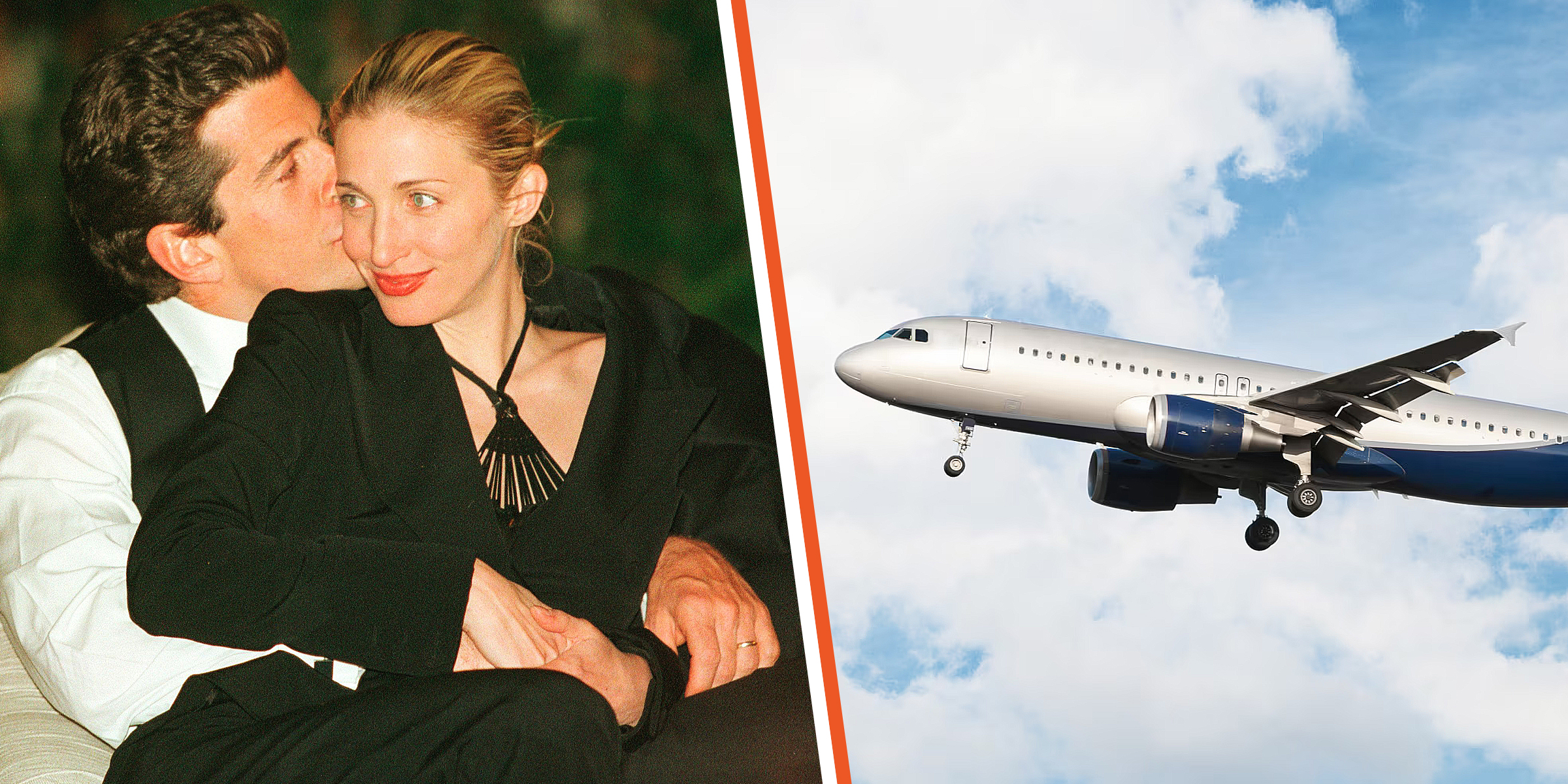 J.F. Kennedy Jr. with his wife Carolyn Bessette | An airplane | Source: | Getty Images | Freepik.com/Racool_studio