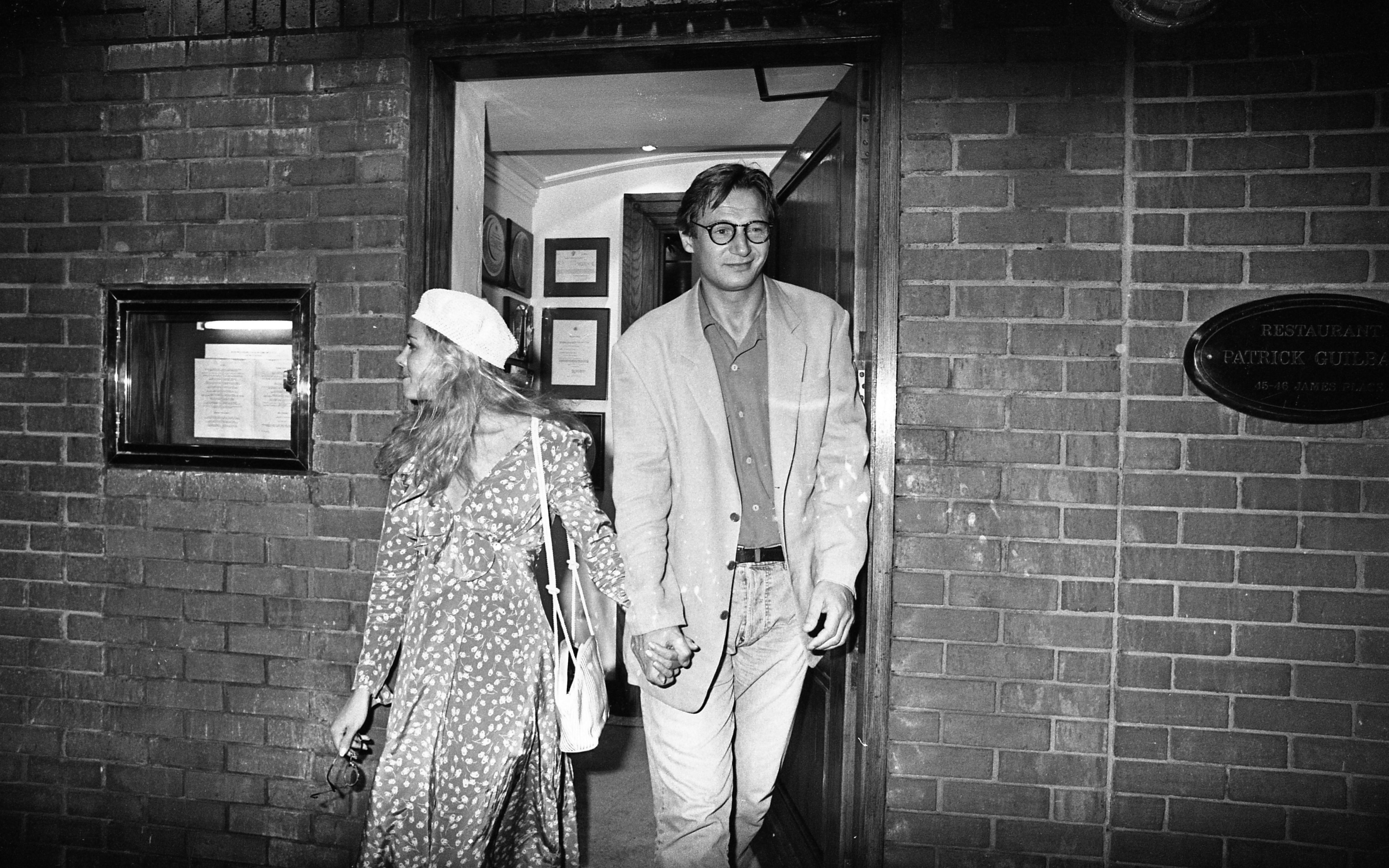 Natasha Richardson and Liam Neeson pictured leaving Restaurant Patrick Guilbaud on July 14, 1993 in Dublin, Ireland. / Source: Getty Images