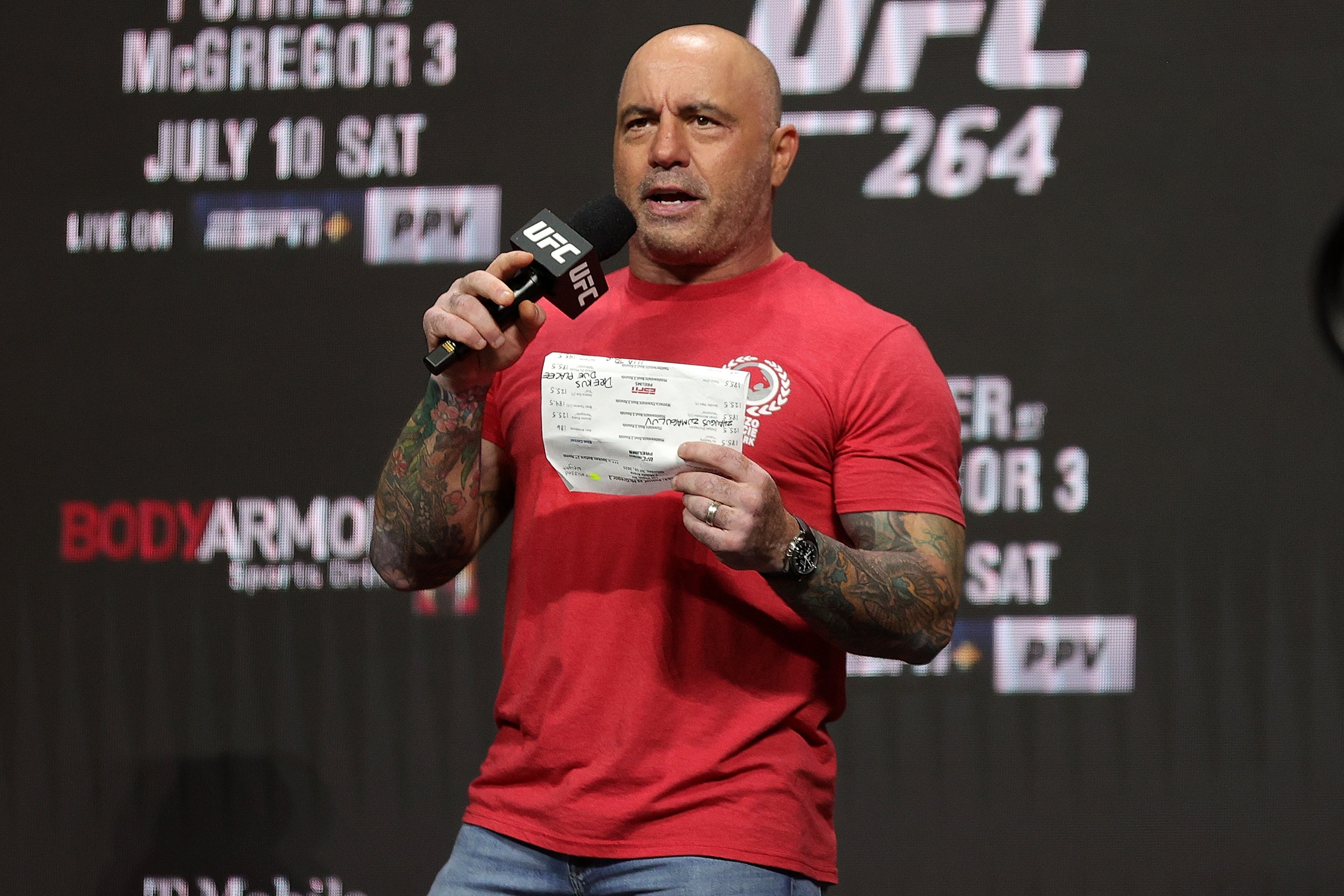 UFC commentator Joe Rogan announcing the fighters during a ceremonial weigh in for UFC 264 at T-Mobile Arena in Las Vegas, Nevada | Photo: Stacy Revere/Getty Images