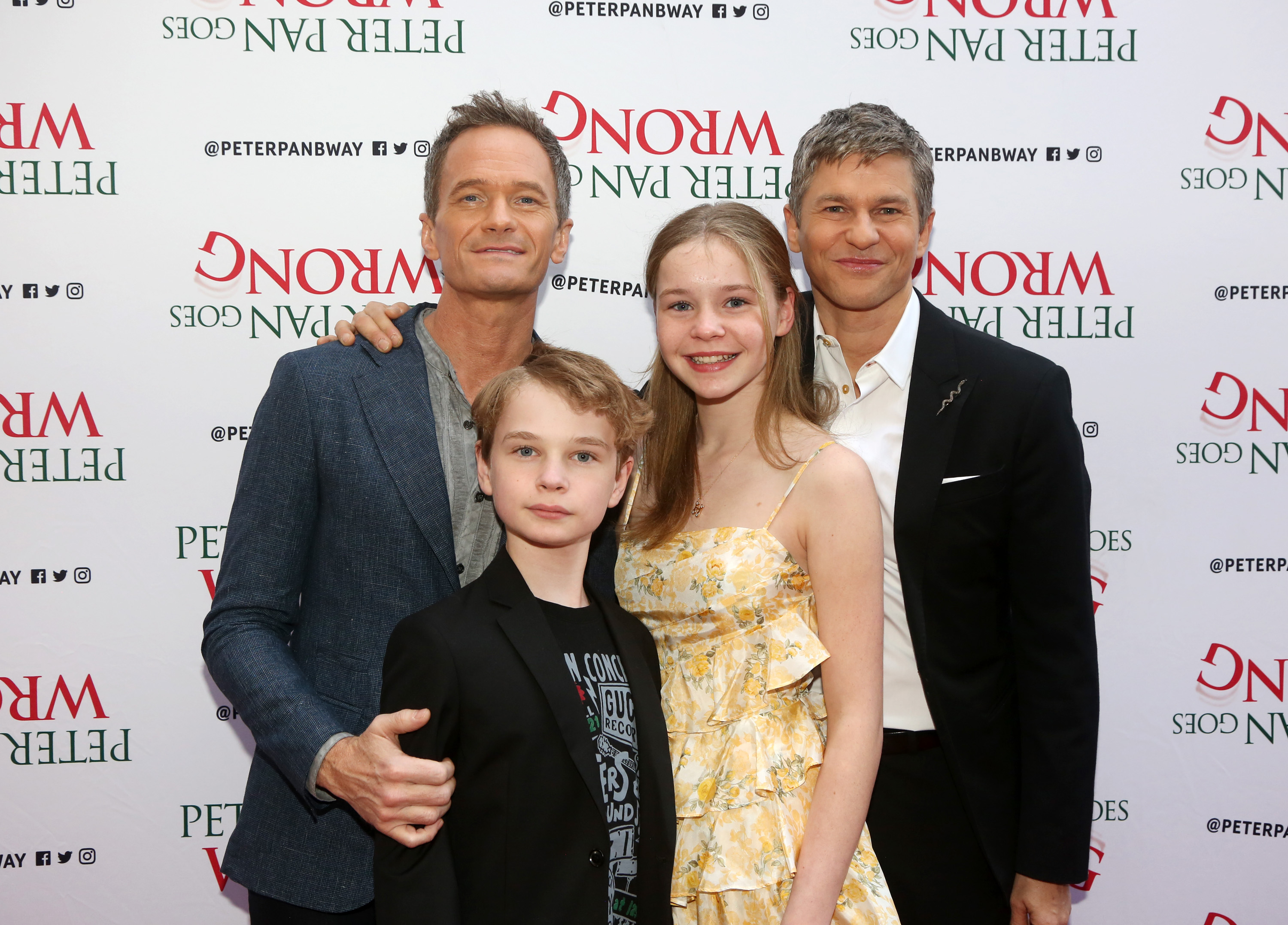 Neil Patrick Harris, Gideon Burtka-Harris, Harper Burtka-Harris and David Burtka at the opening night of "Peter Pan Goes Wrong" on Broadway at The Ethel Barrymore Theatre on April 19, 2023 in New York City. | Source: Getty Images