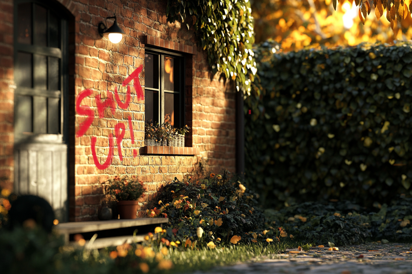 Close-up shot of a cottage wall bearing graffiti | Source: Midjourney