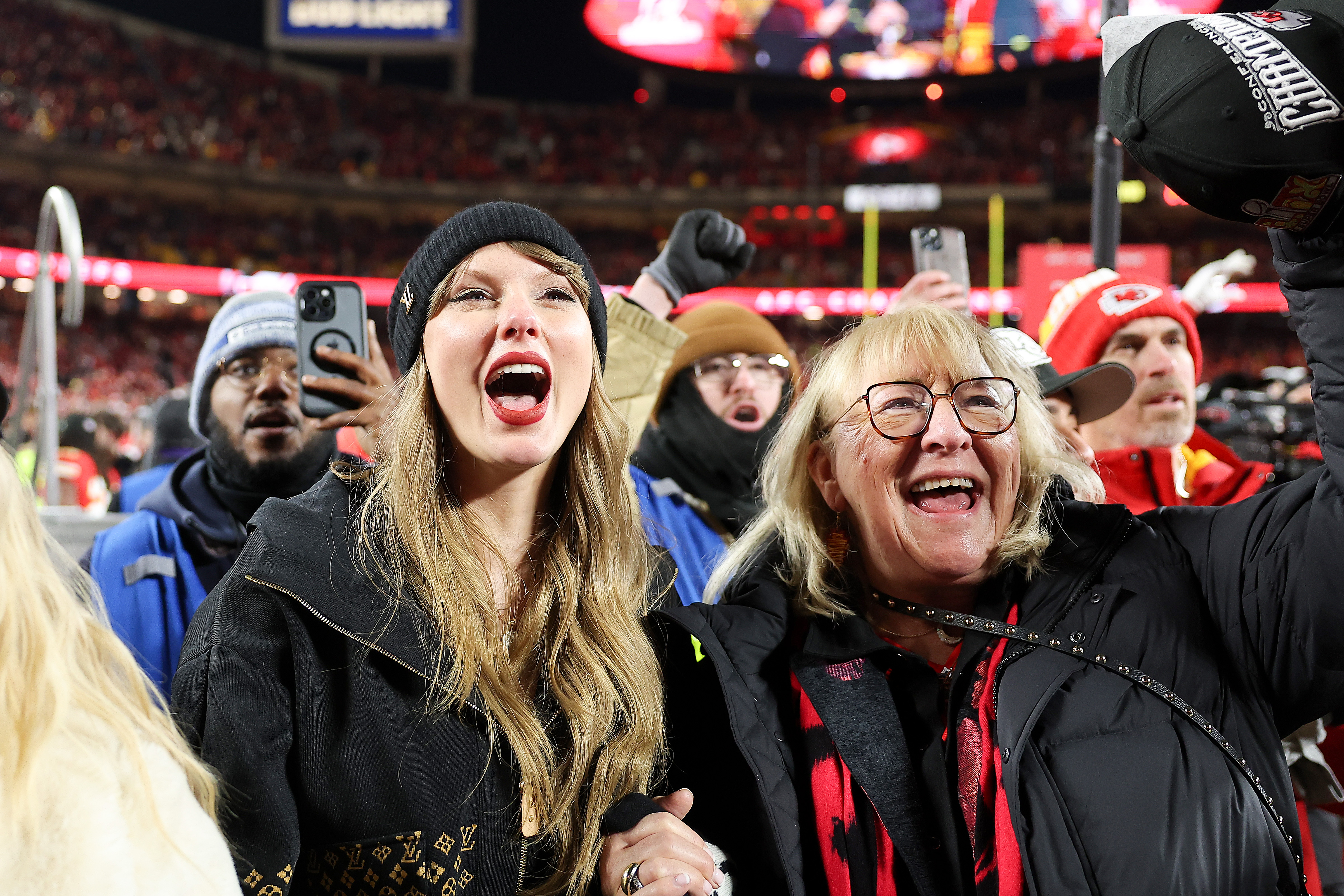 Taylor Swift and Donna Kelce celebrate after the Kansas City Chiefs win in the AFC Championship Game at GEHA Field at Arrowhead Stadium on January 26, 2025 in Kansas City, Missouri | Source: Getty Images