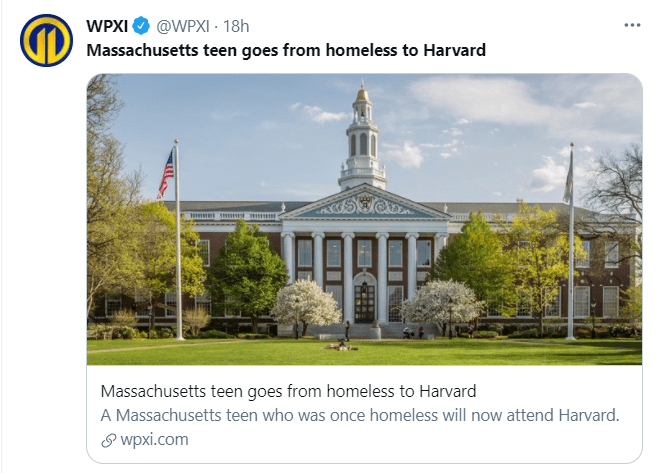 An image on June 14, 2021, of Harvard University in a story about Imani Fonfield’s acceptance into the college | Photo: Twitter/@WPXI