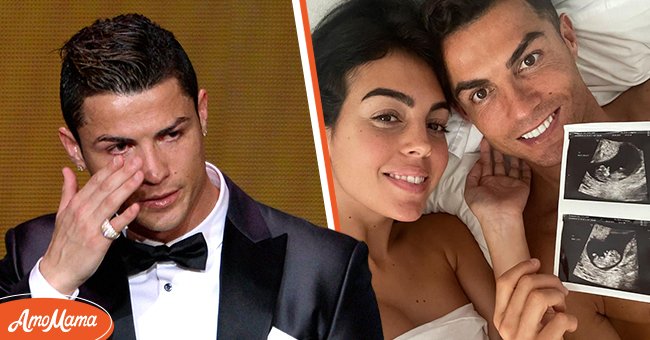 Cristiano Ronaldo after receiving the 2013 FIFA Ballon d'Or award for player of the year on January 13, 2014 [left], Cristiano Ronaldo and Georgina Rodríguez announcing their pregnancy [right] | Source: Instagram.com/cristiano, Getty Images