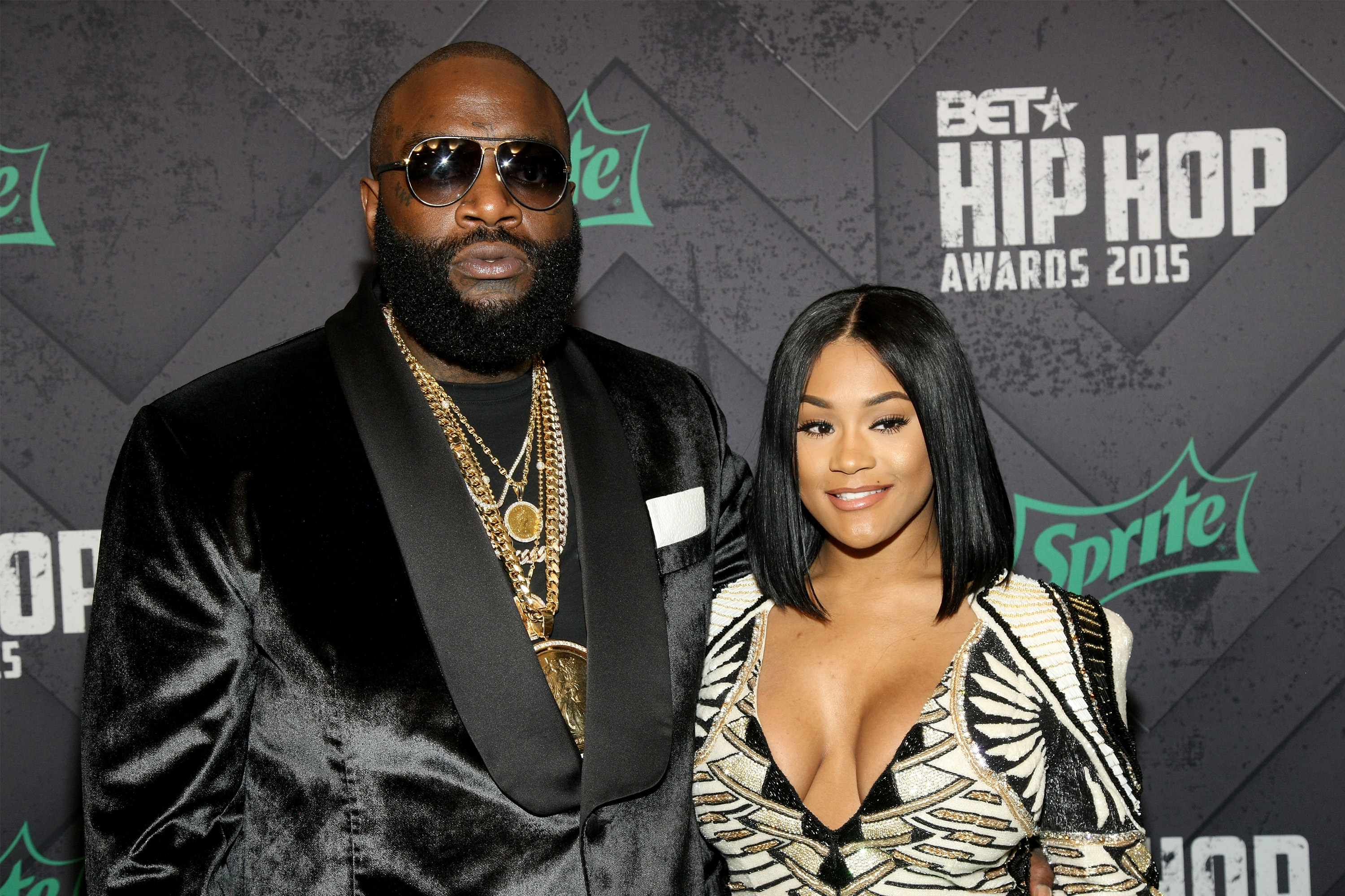Rick Ross (L) and fiancee Lira Mercer attend the BET Hip Hop Awards 2015 presented by Sprite at Atlanta Civic Center on October 9, 2015 in Atlanta, Georgia. | Source: Getty Images