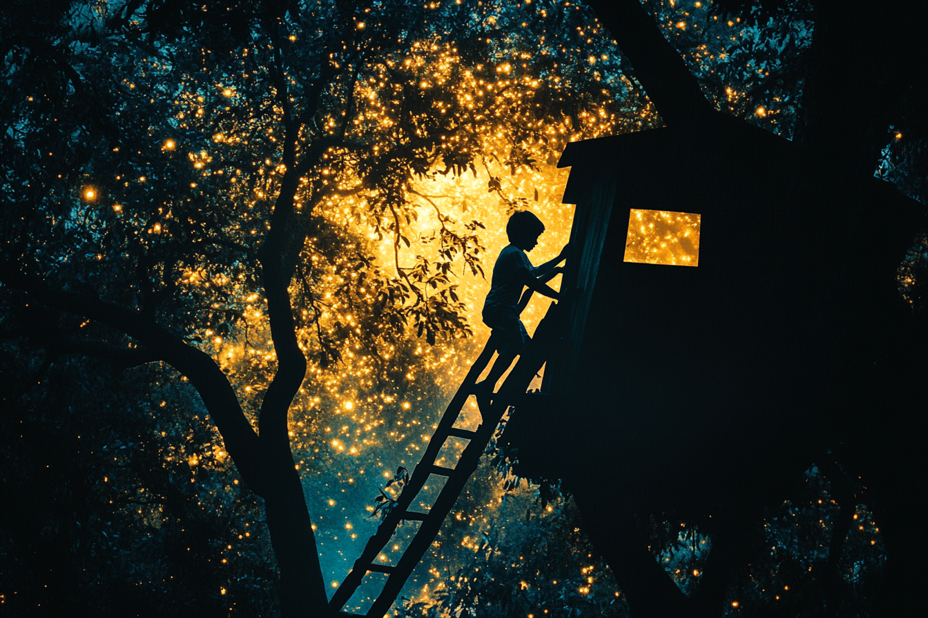 Night shot of a young boy climbing up the ladder to a treehouse | Source: Midjourney