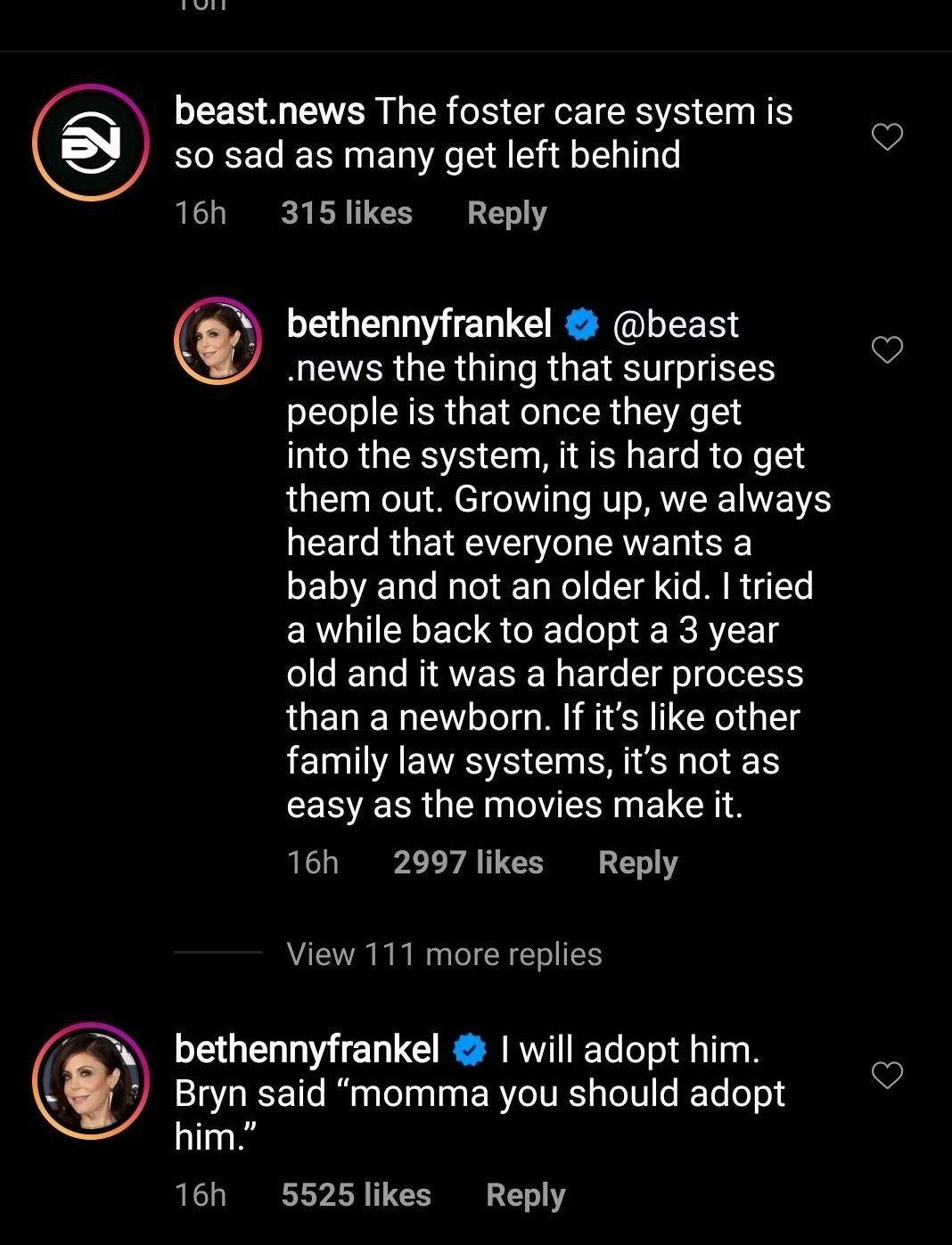 Bethenny Frankel's Comment on PEOPLE's Post on Instagram. | Photo: Instagram.com/people/