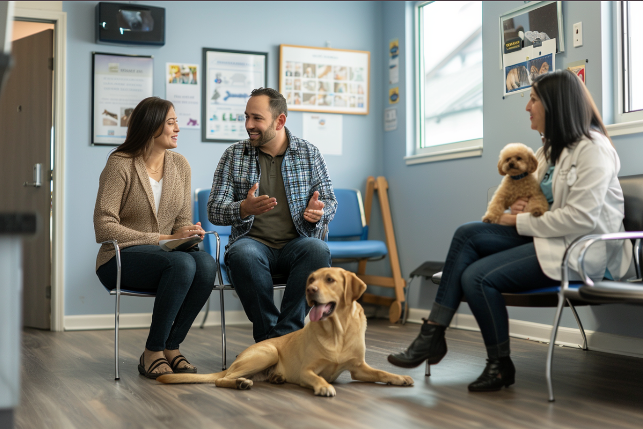 People talking in a veterinary waiting room | Source: MidJourney