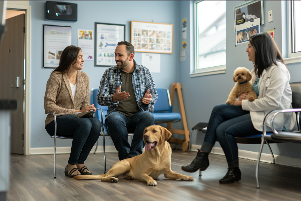 People talking in a veterinary waiting room | Source: Midjourney