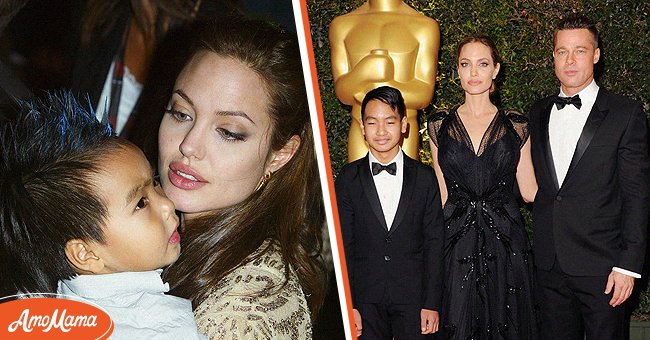 Angelina Jolie and her child, Maddox Jolie-Pitt,[left] Maddox Jolie-Pitt, Angelina Jolie and Brad Pitt at an event [right]  | Photo: Getty Images