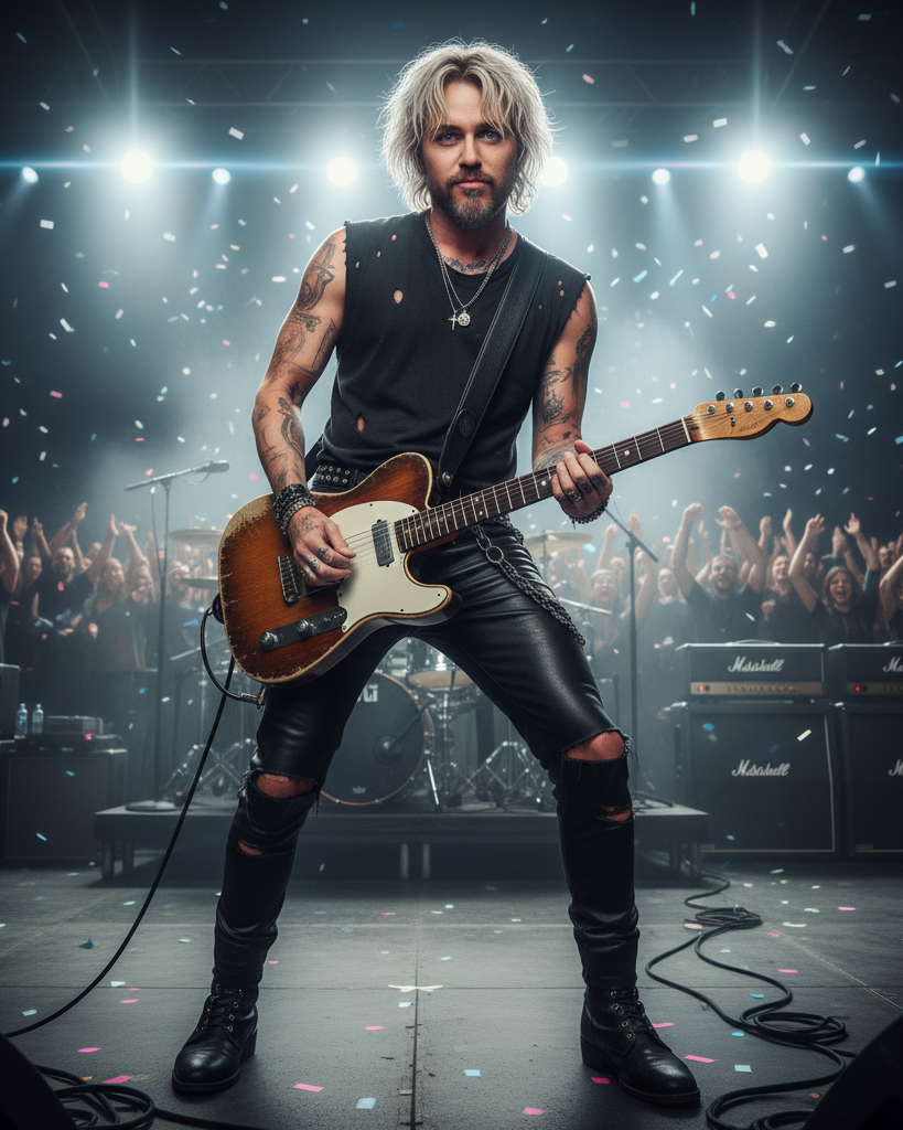 Transformed into her male counterpart, Cyrus becomes a tattooed, stage-owning frontman with platinum shaggy hair, a chiseled face, and just the right amount of attitude. Dressed in torn black leather and gripping a guitar, he’s the kind of performer who doesn’t just play the show — he is the show. | Source: Gemini