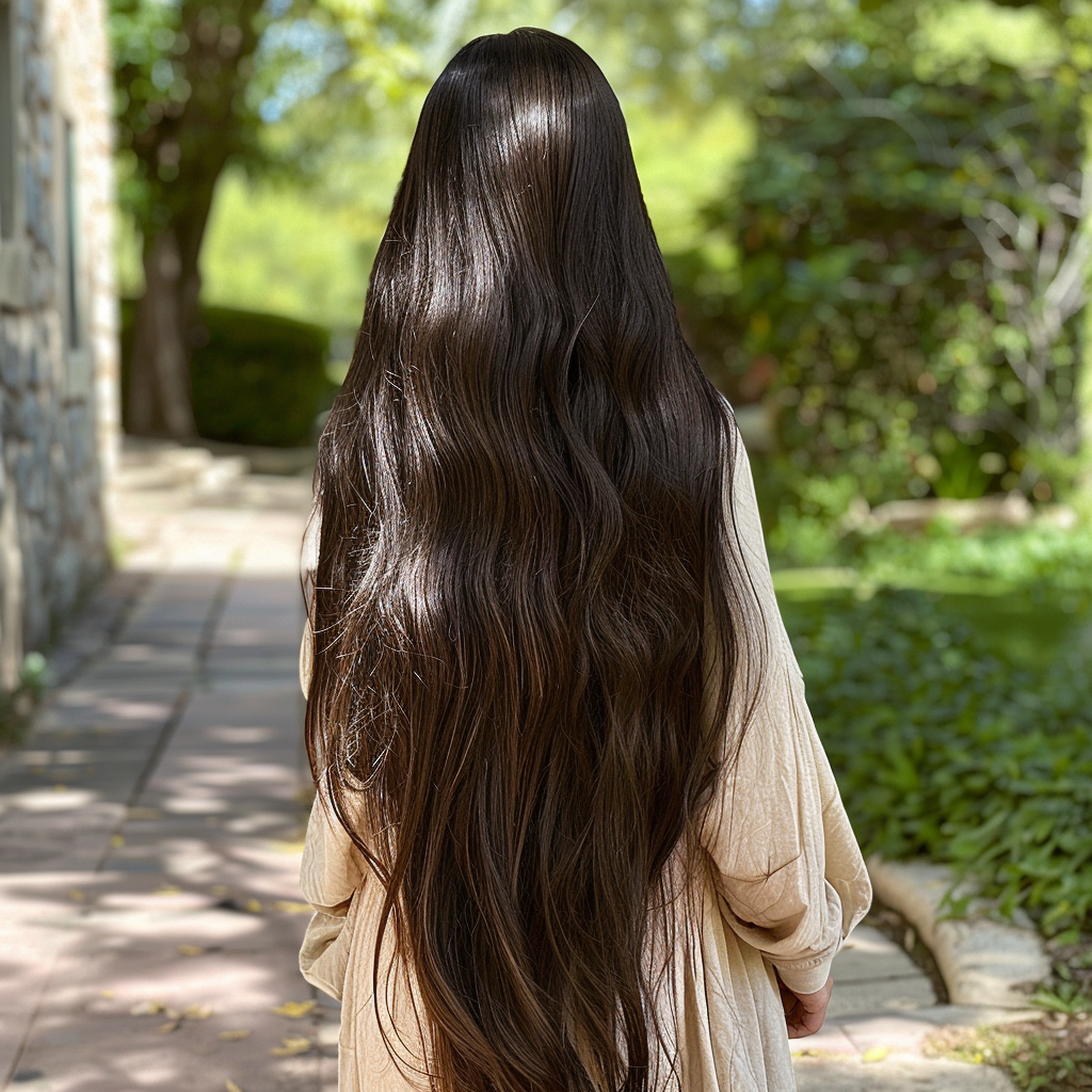 Woman with very long hair walking outdoors | Source: Midjourney
