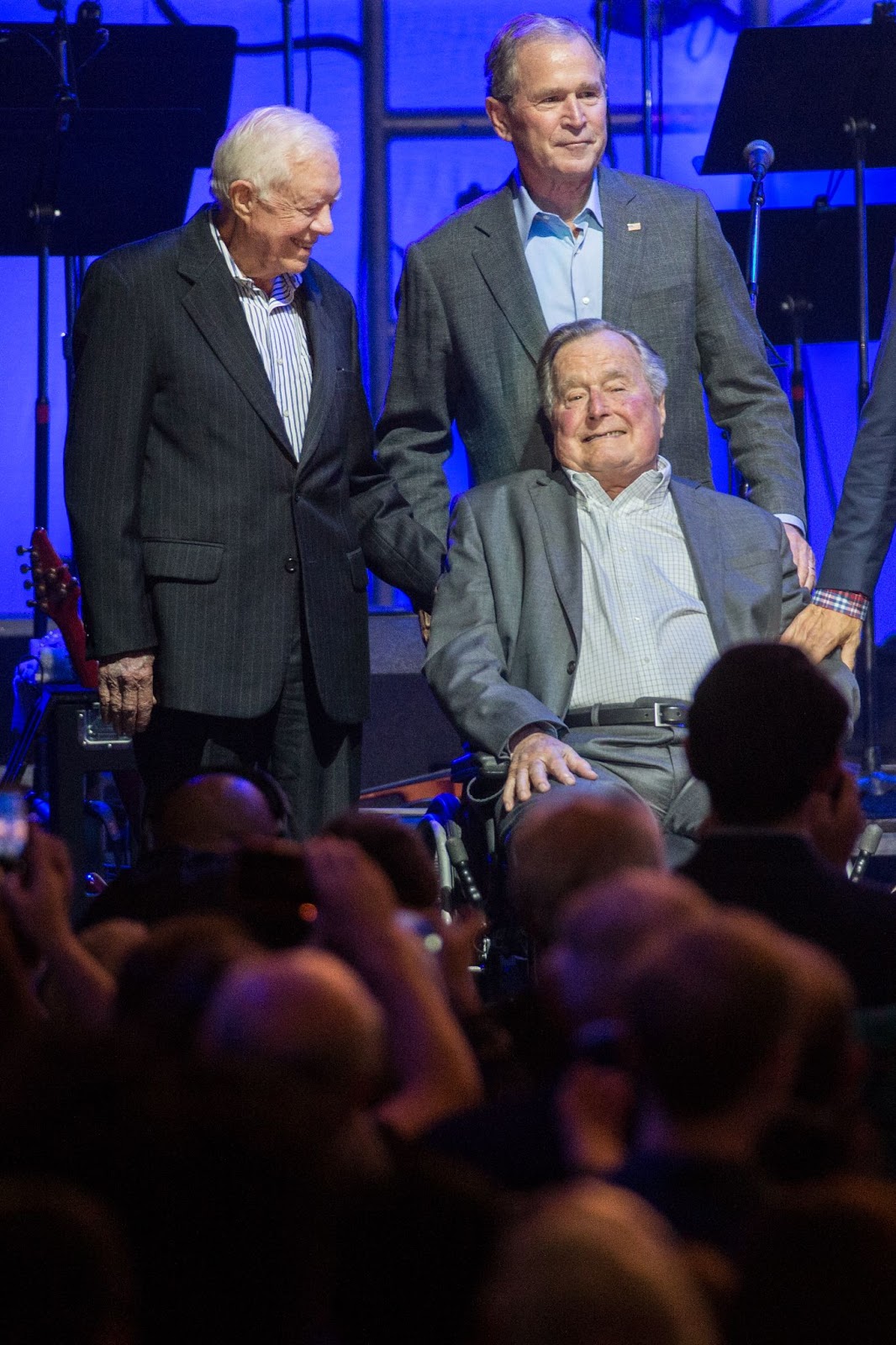 Jimmy Carter, George W. Bush, and George H. W. Bush at the Hurricane Relief concert on October 21, 2017, in College Station, Texas. | Source: Getty Images