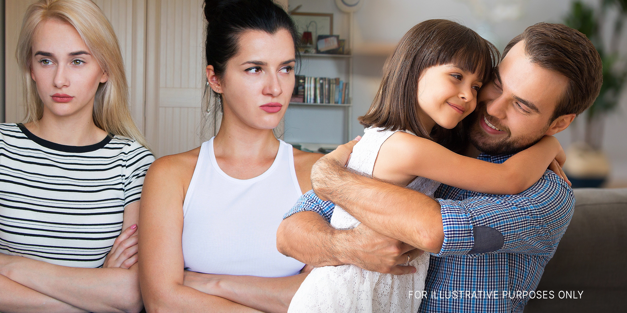 Two upset older girls while a man hugs his younger daughter tight | Source: Shutterstock
