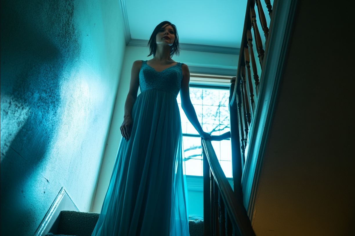 A woman standing at the top of a staircase | Source: Midjourney