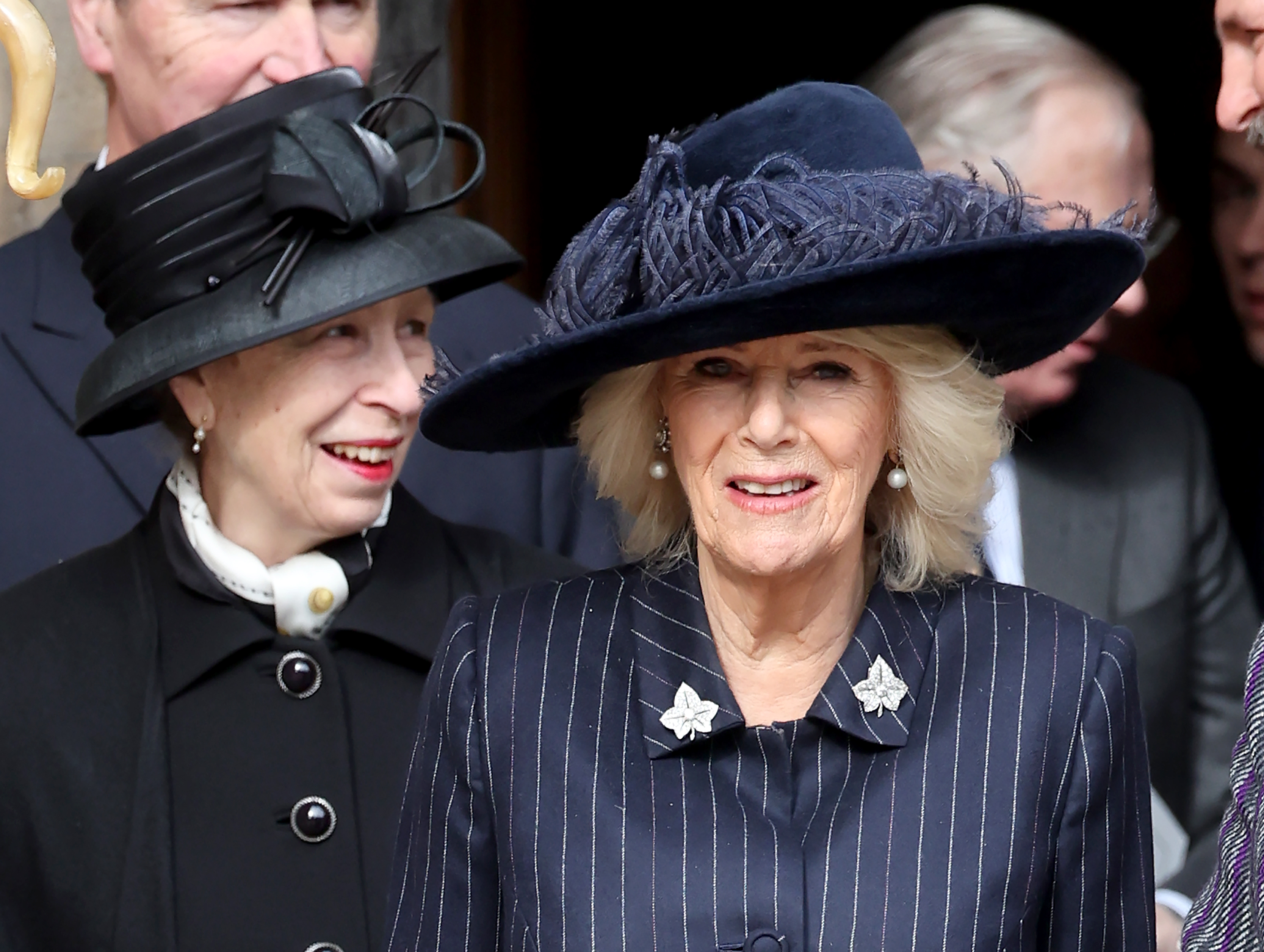 Princess Anne and Queen Camilla leaving the Thanksgiving Service for King Constantine of the Hellenes at St. Georges Chapel on February 27, 2024, in Windsor, England. | Source: Getty Images