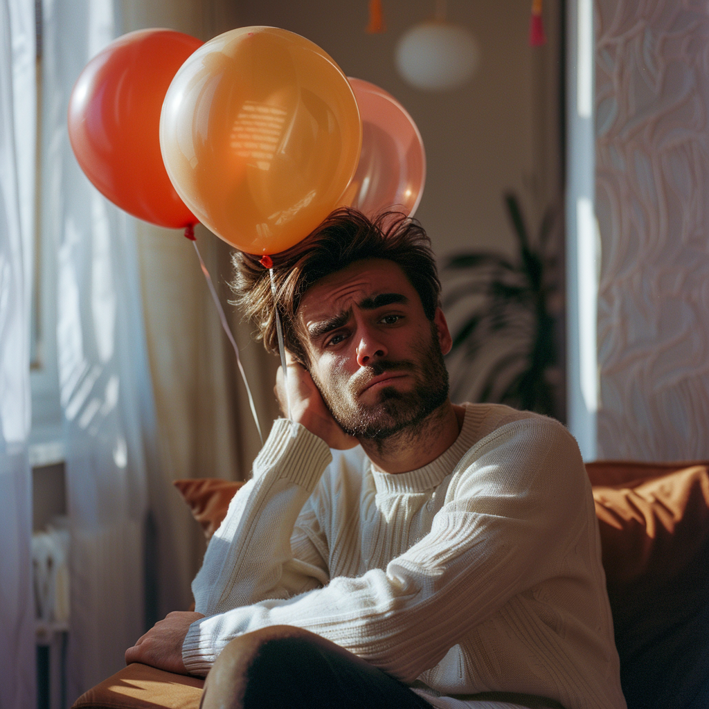 A frowning man with balloons |  Source: Midjourney