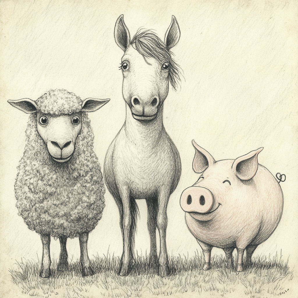 A drawing of a sheep, horse and pig | Source: Midjourney