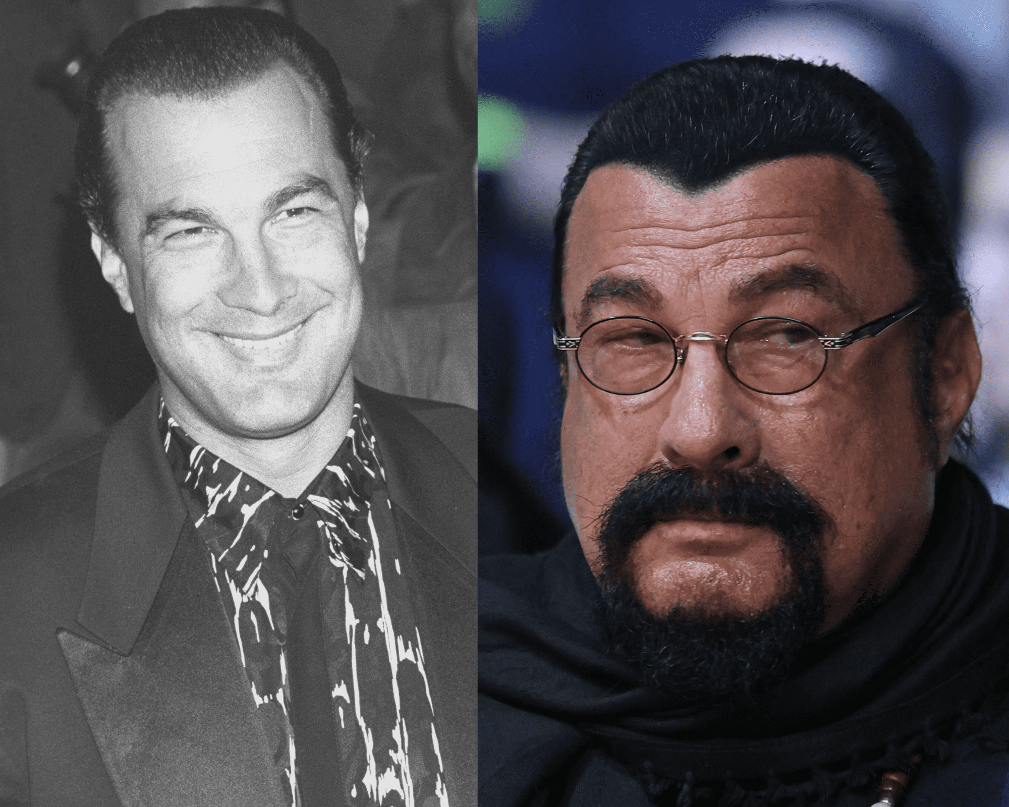 Actor Steven Segal on November 25, 1992 in Hollywood | Steven Seagal at the Etihad Arena in Abu Dhabi on October 22, 2022 | Source: Getty Images 