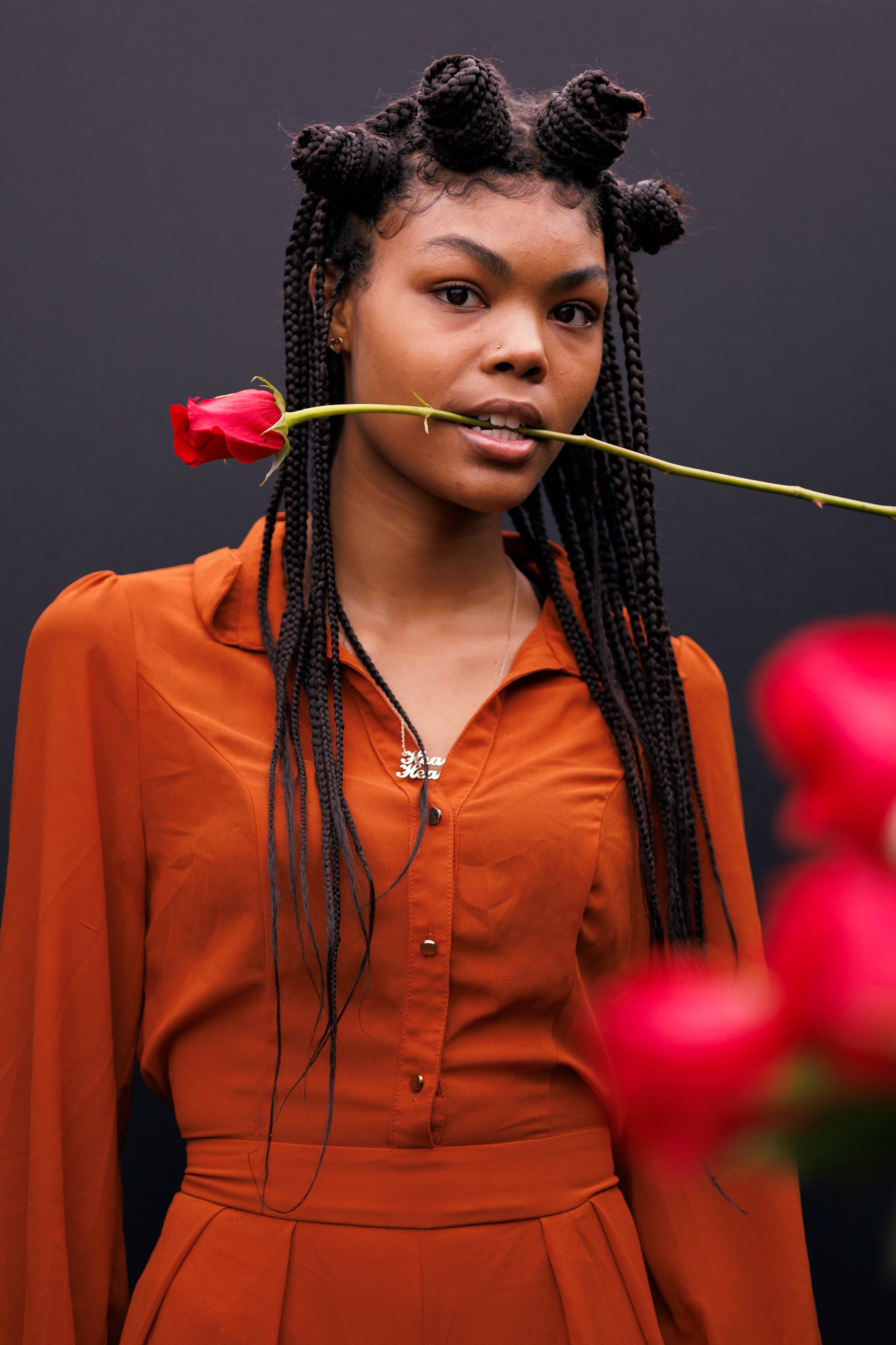 A woma with a rose in between her teeth. | Source: Pexels