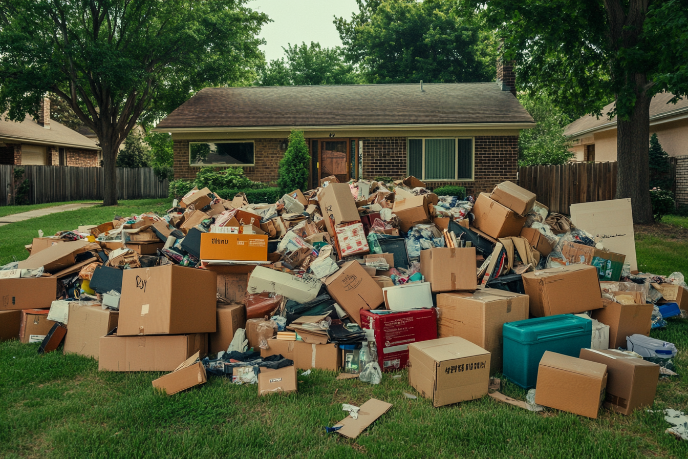 Boxes piled haphazardly on a front lawn | Source: Midjourney