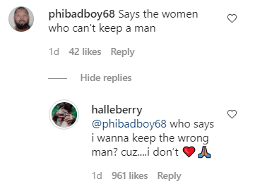 Screenshot of exchange between Halle Berry and a commenter. | Source: Instagram/halleberry