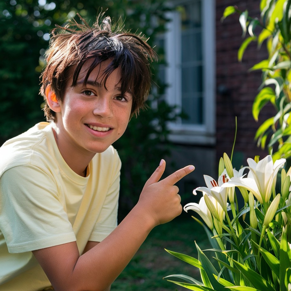 A boy happily pointing to a small growth of white lilies | Source: Midjourney