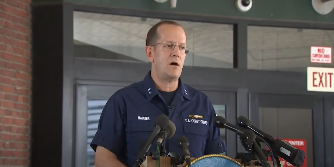 Rear Admiral John Mauger, commander of the First Coast Guard District, holds a press conference regarding the missing tourist submersible on June 19, 2023 | Source: Youtube/Sky News