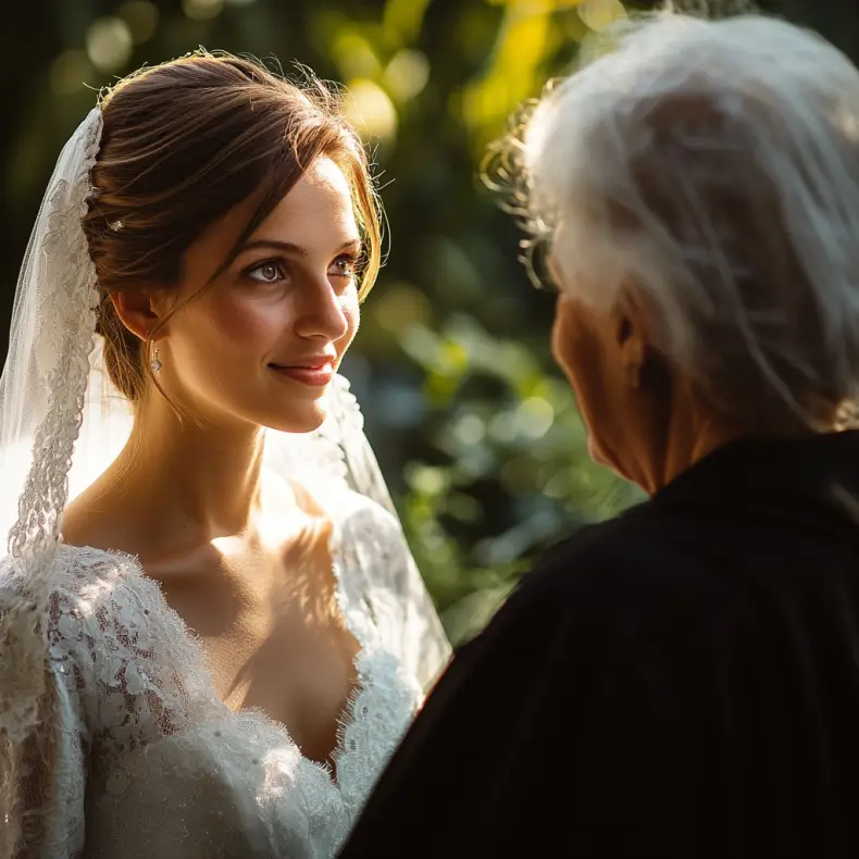 A bride smiling politely at an older woman | Source: Midjourney