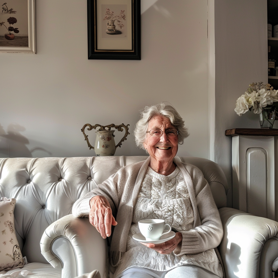An elderly woman having tea | Source: Midjourney