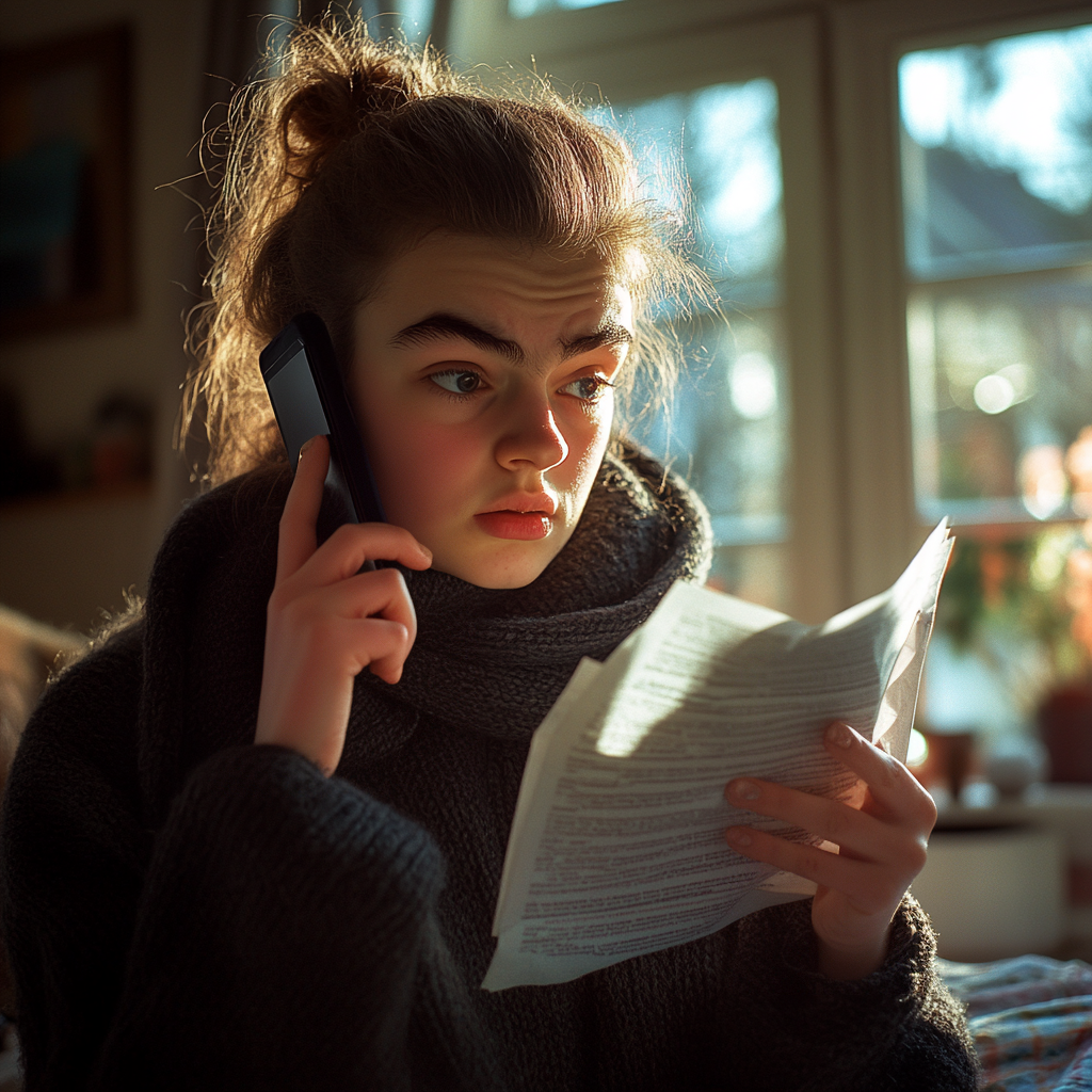 A stressed woman reading a letter while waiting for her call to be answered | Source: Midjourney