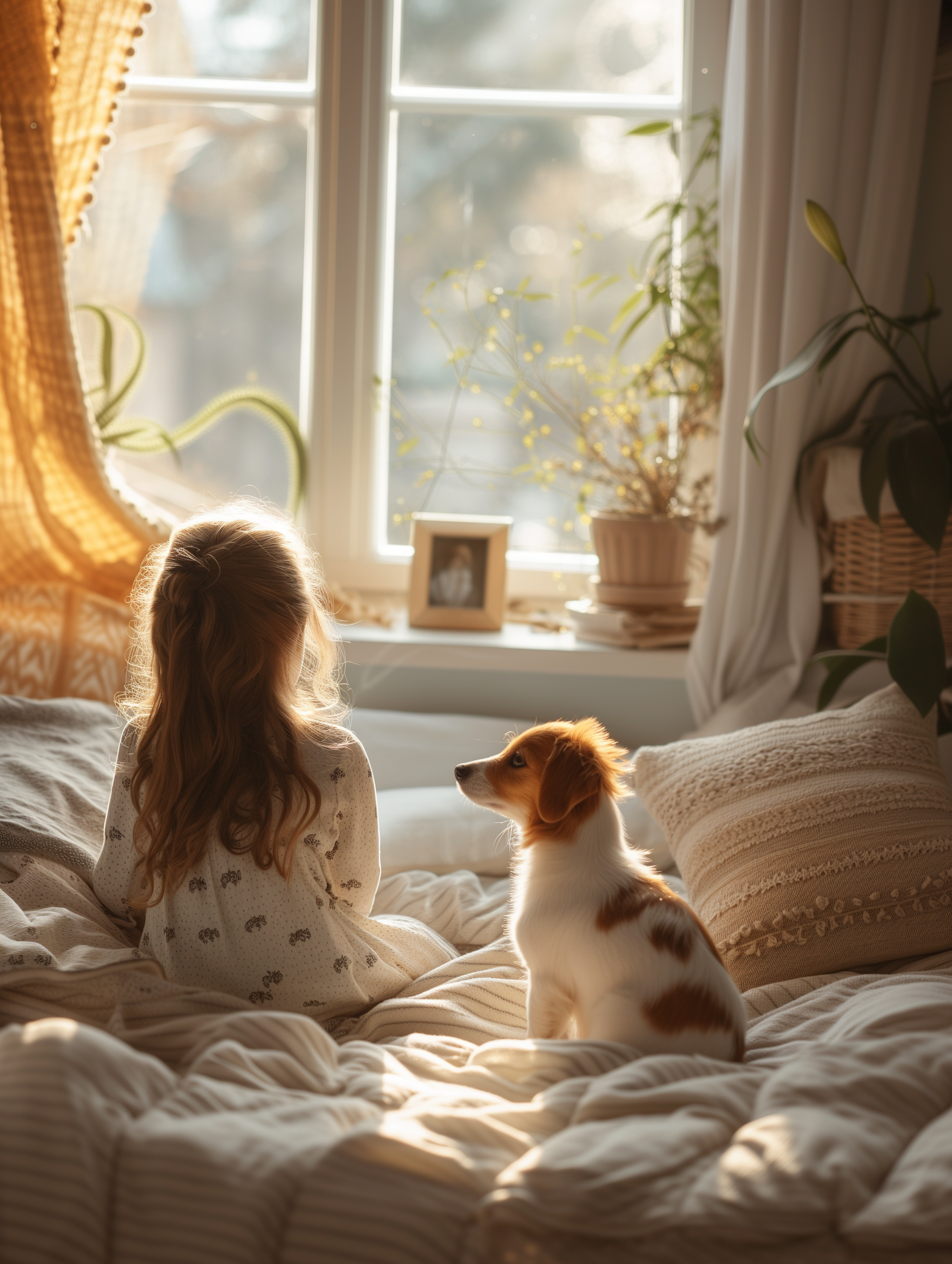 A back-view of a little girl sitting with her dog in her room and staring at the window | Source: Midjourney