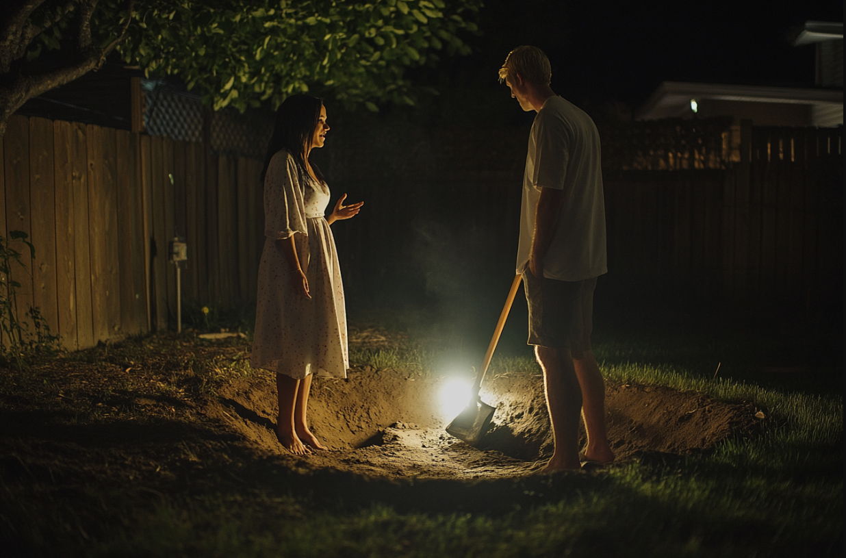 A woman speaking to her husband outside | Source: Midjourney