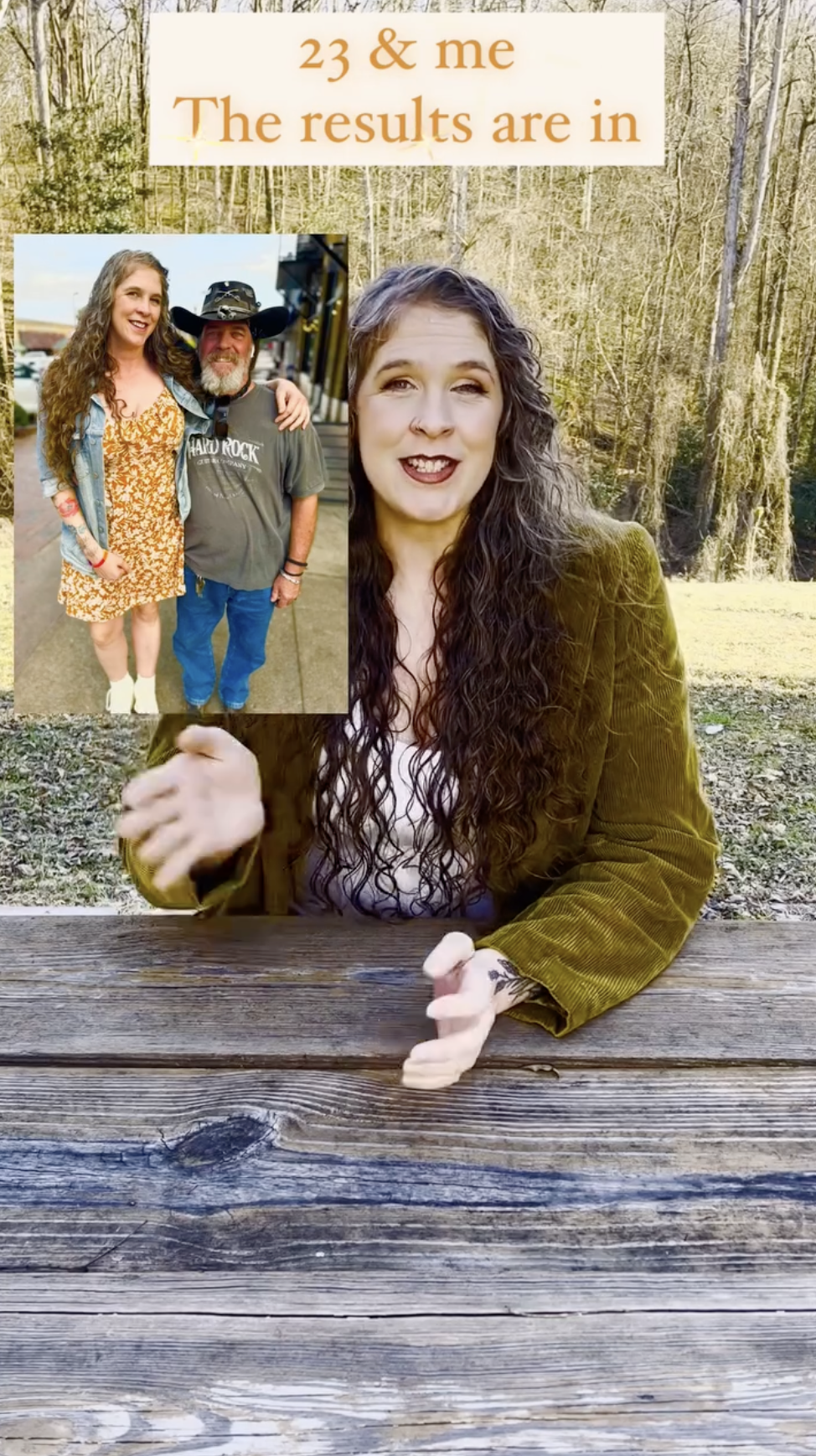 Hopie Feek sits at a wooden table outdoors, speaking in a video about her DNA test results, posted on February 8, 2025 | Source: Instagram/hopiefeek01