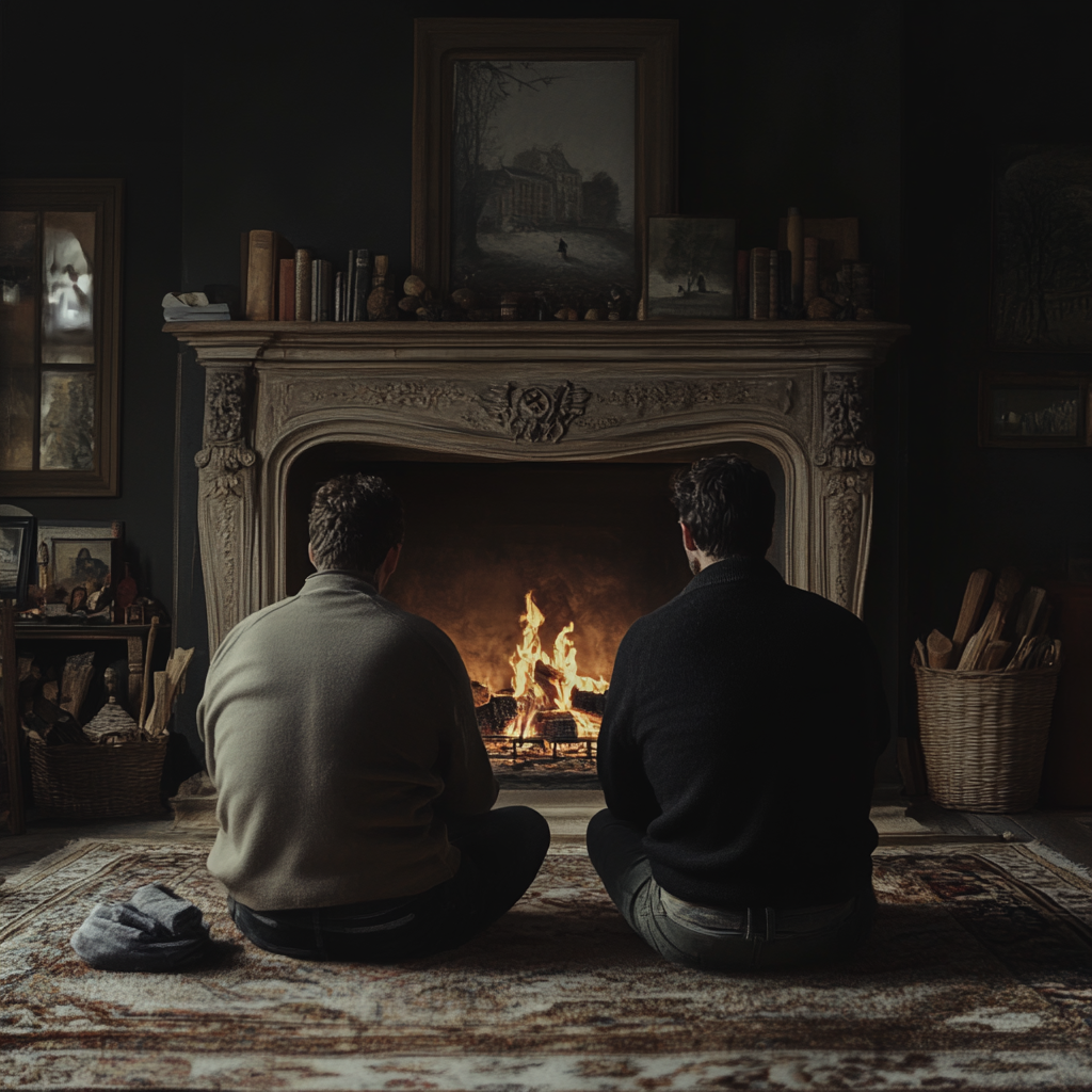 Two men sitting in font of a fireplace | Source: Midjourney