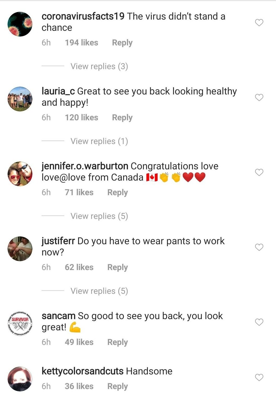 Comments from followers in response to Chris Cuomo returning to work at the studio after recovering from COVID-19. | Source: Instagram/chriscuomo.