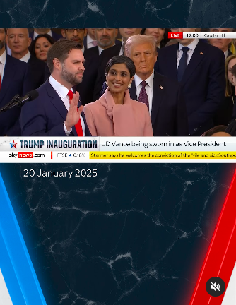 Usha Vance smiling at JD Vance, as Donald Trump stands behind them, during the inauguration. | Source: Instagram/skynews