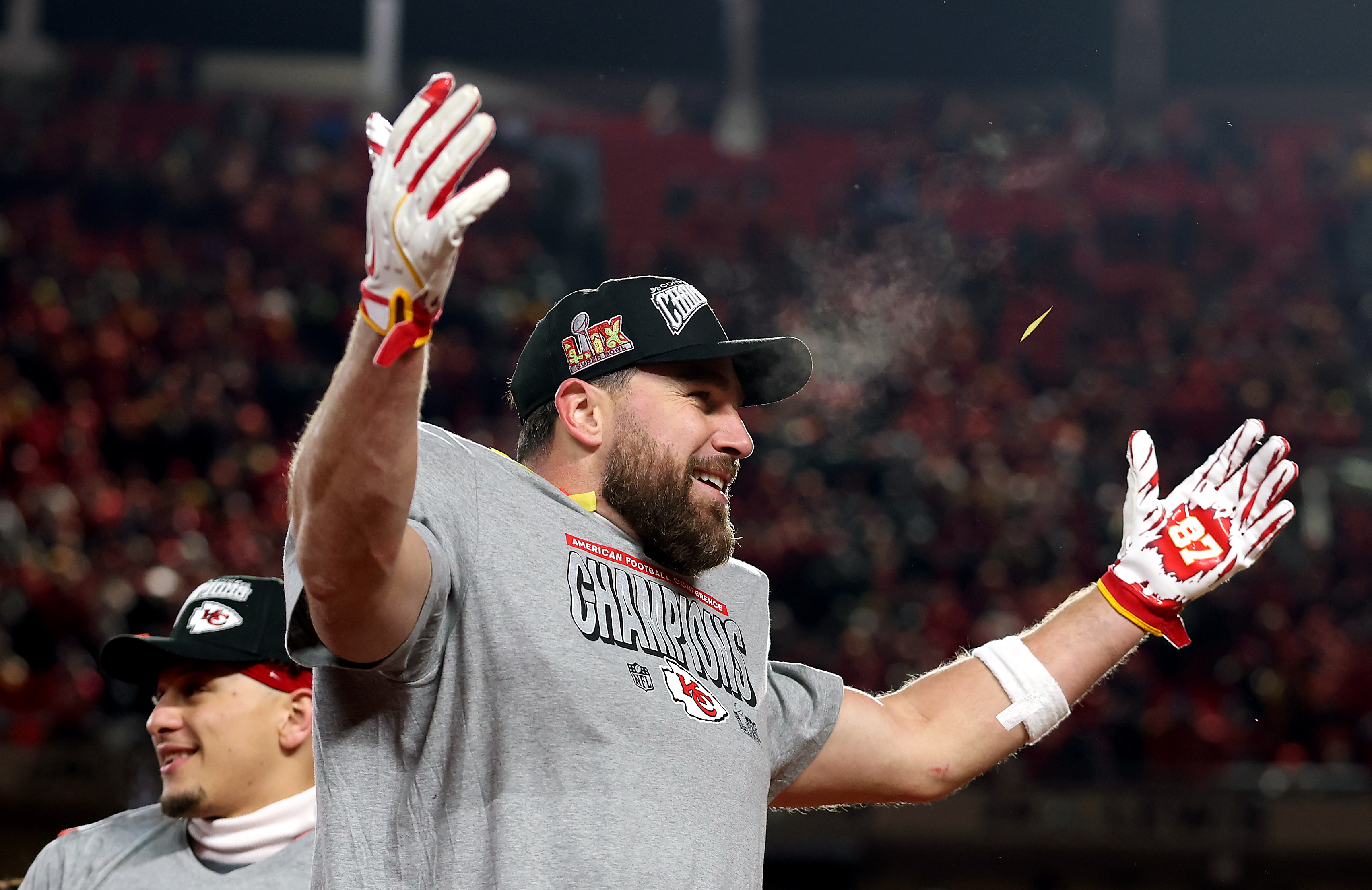 Travis Kelce celebrates after the Chiefs defeat the Buffalo Bills 32-29 to win the AFC Championship Game at GEHA Field at Arrowhead Stadium in Kansas City, Missouri, on January 26, 2025 | Source: Getty Images