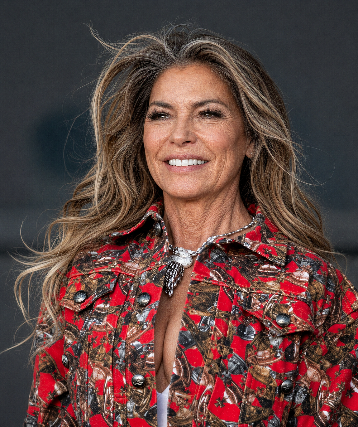 Reimagining Shania Twain's live performance at BST Hyde Park on July 7, 2024, this AI-generated rendering emphasizes natural skin texture, intricate eye-area fine lines, and silver-toned highlights for a realistic, unretouched aesthetic. | Source: Gemini