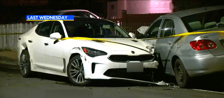 Tanya Nguyen's crashed car left by attackers. | Source: YouTube/CBS Los Angeles