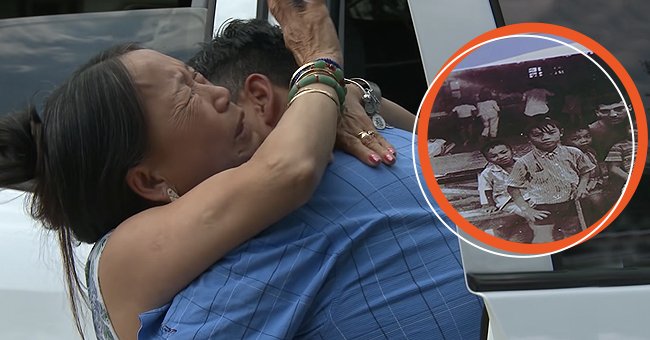 Kirk Kellerhals and Thuy-Nga Thi Nibblett hugging one another with an overlaid picture of Kirk Kellerhals when he was a child. │Source: youtube.com/CBN News