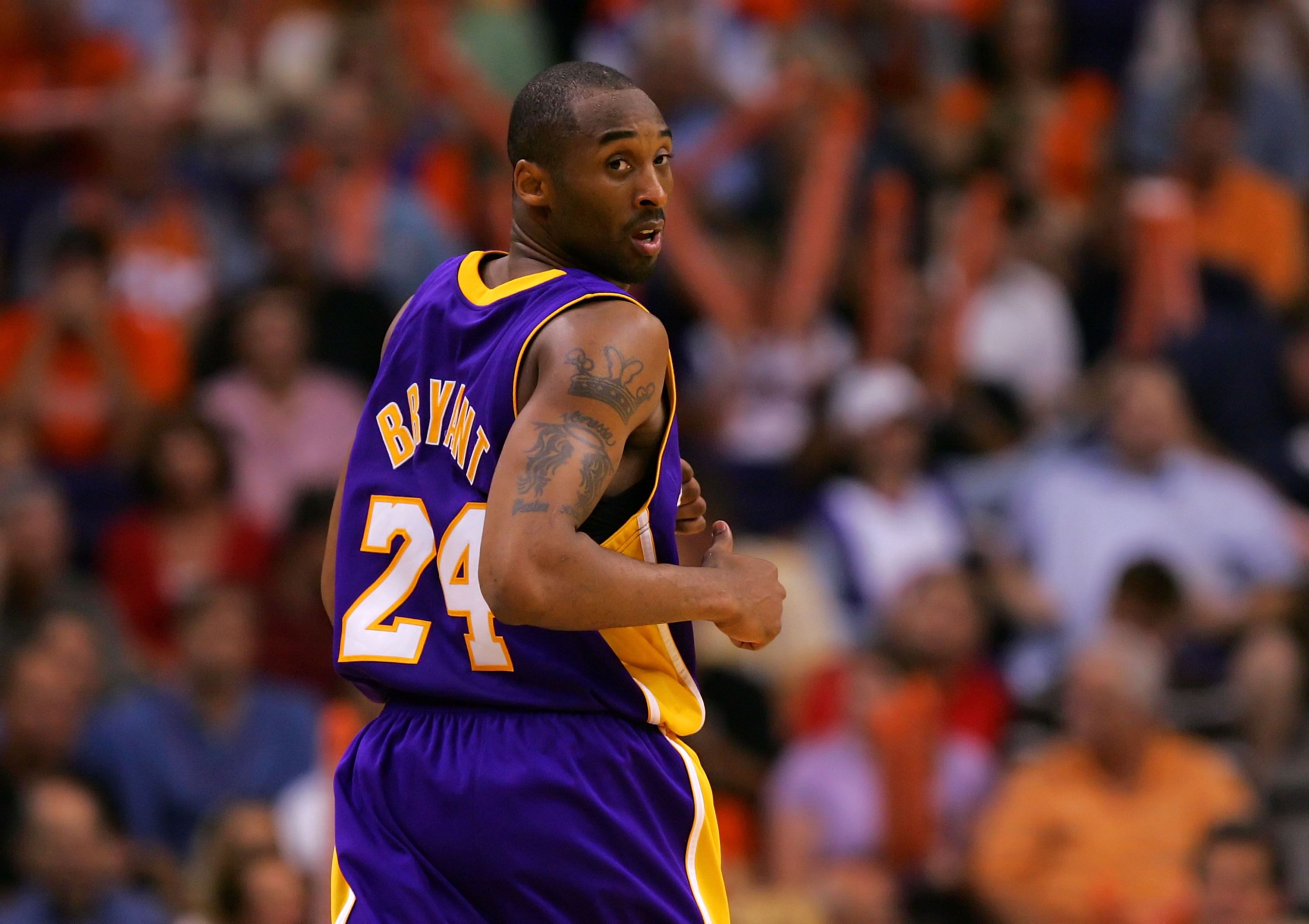 Kobe Bryant #24 of the Los Angeles Lakers looks back while running downcourt in Game Five of the Western Conference Quarterfinals. | Source: Getty Images