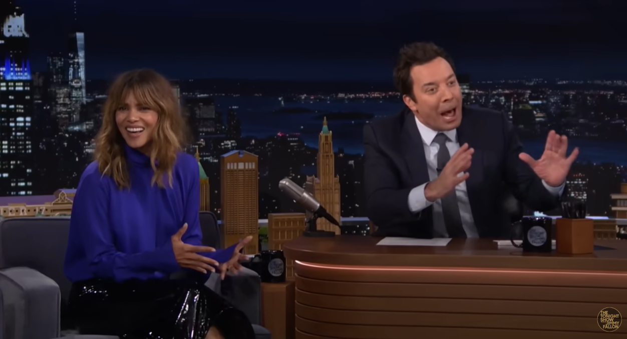 Halle Berry reacts as host Jimmy Fallon gestures during their conversation on "The Tonight Show with Jimmy Fallon" | Source: YouTube/fallontonight