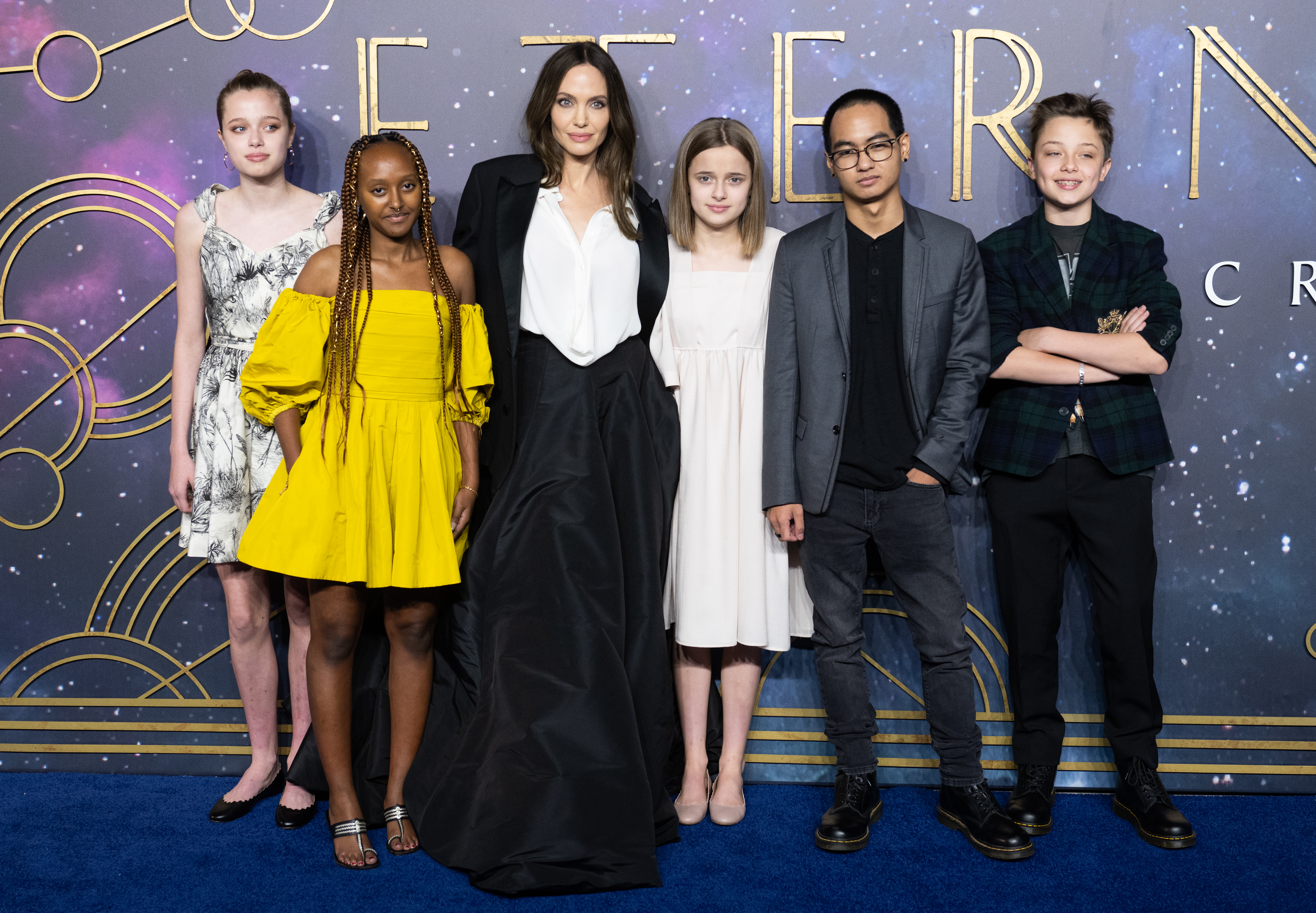 Angelina Jolie with her children, Shiloh, Zahara, Vivienne, Maddox and Knox Jolie-Pitt during the "The Eternals" UK premiere on October 27, 2021 in London, England | Source: Getty Images