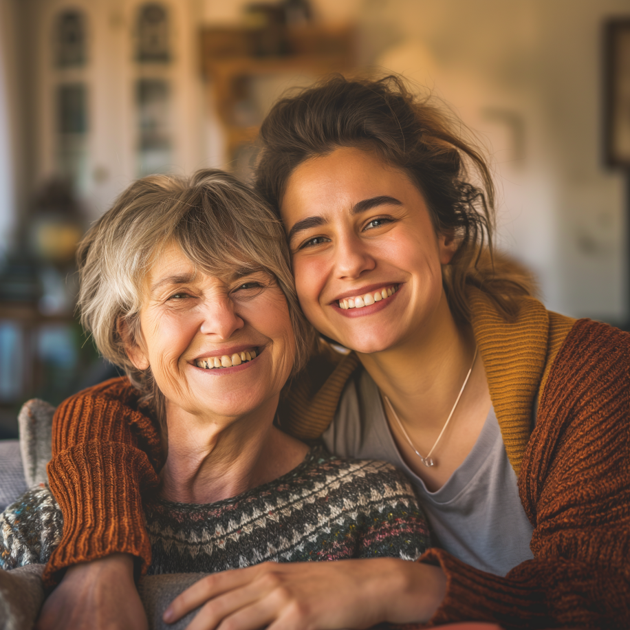 A woman hugs her mother while sitting at home | Source: Midjourney