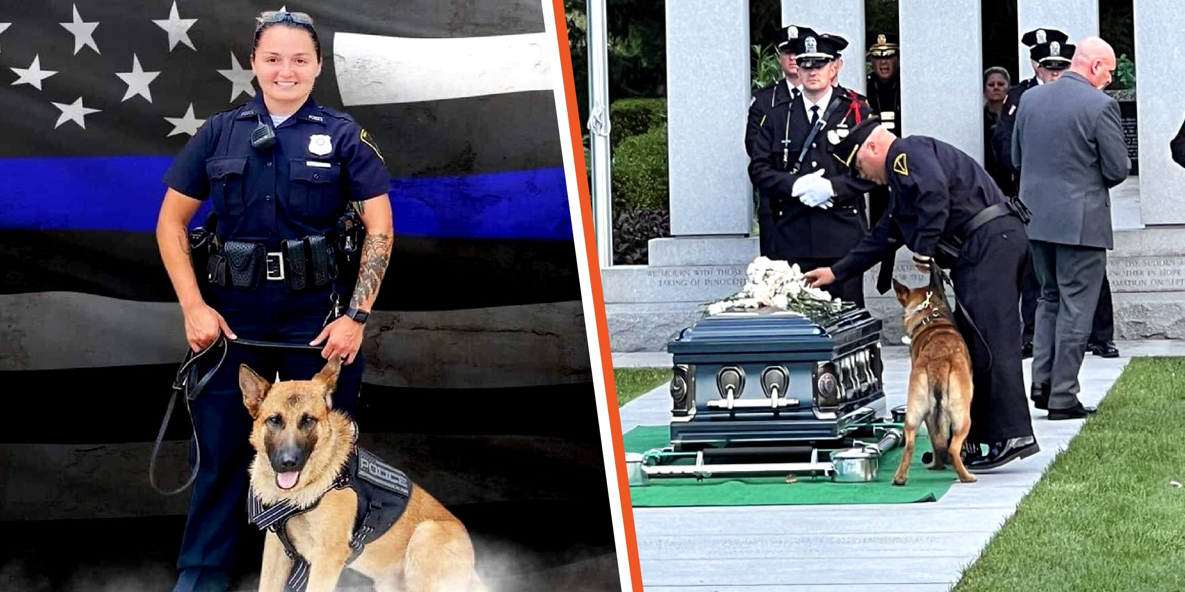 Officer Seara Burton with her K-9 partner | Officer Seara Burton's coffin surrounded by guards | Source: twitter.com/JesseWellsNews | twitter.com/JimTheOfficer