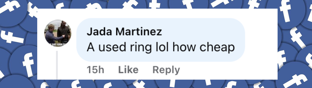 A netizen comments on Rick Harrison's engagement ring from a post dated March 7, 2025 | Source: Facebook/TMZ