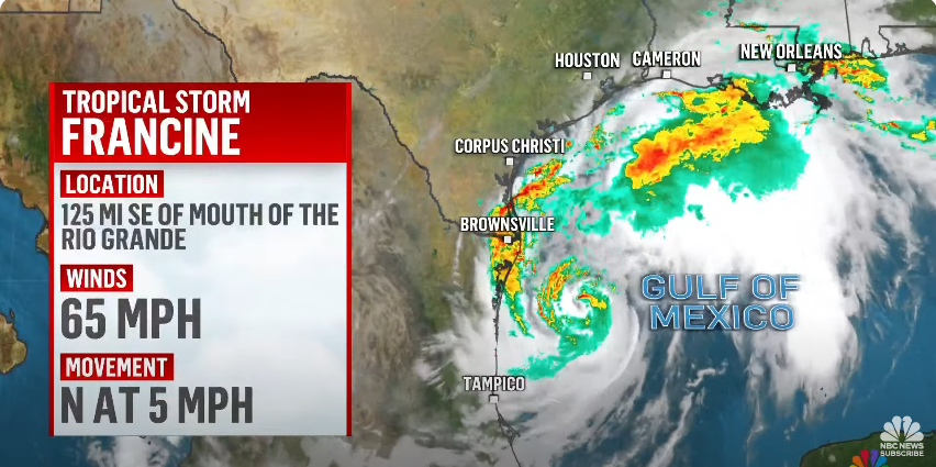 An illustration of how Tropical storm Francine is set to hit the coast | Source: YouTube/@NBCNews