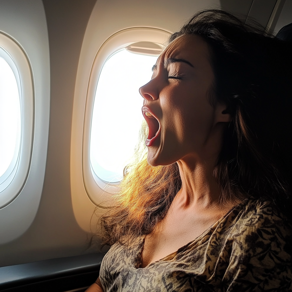 A woman sitting in an airplane and yawning | Source: Midjourney